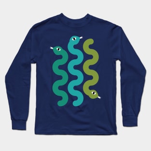 Squiggly Snakes on Midnight Blue – Retro 70s Wavy Snake Pattern Long Sleeve T-Shirt